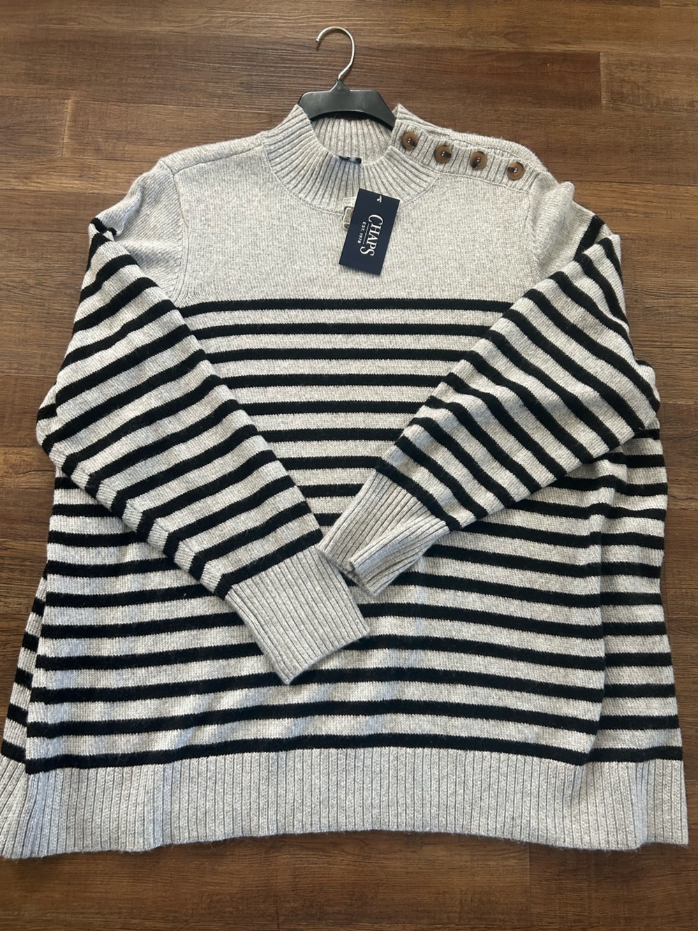 Chaps Striped Button-Shoulder Sweater — Light Gray & Black